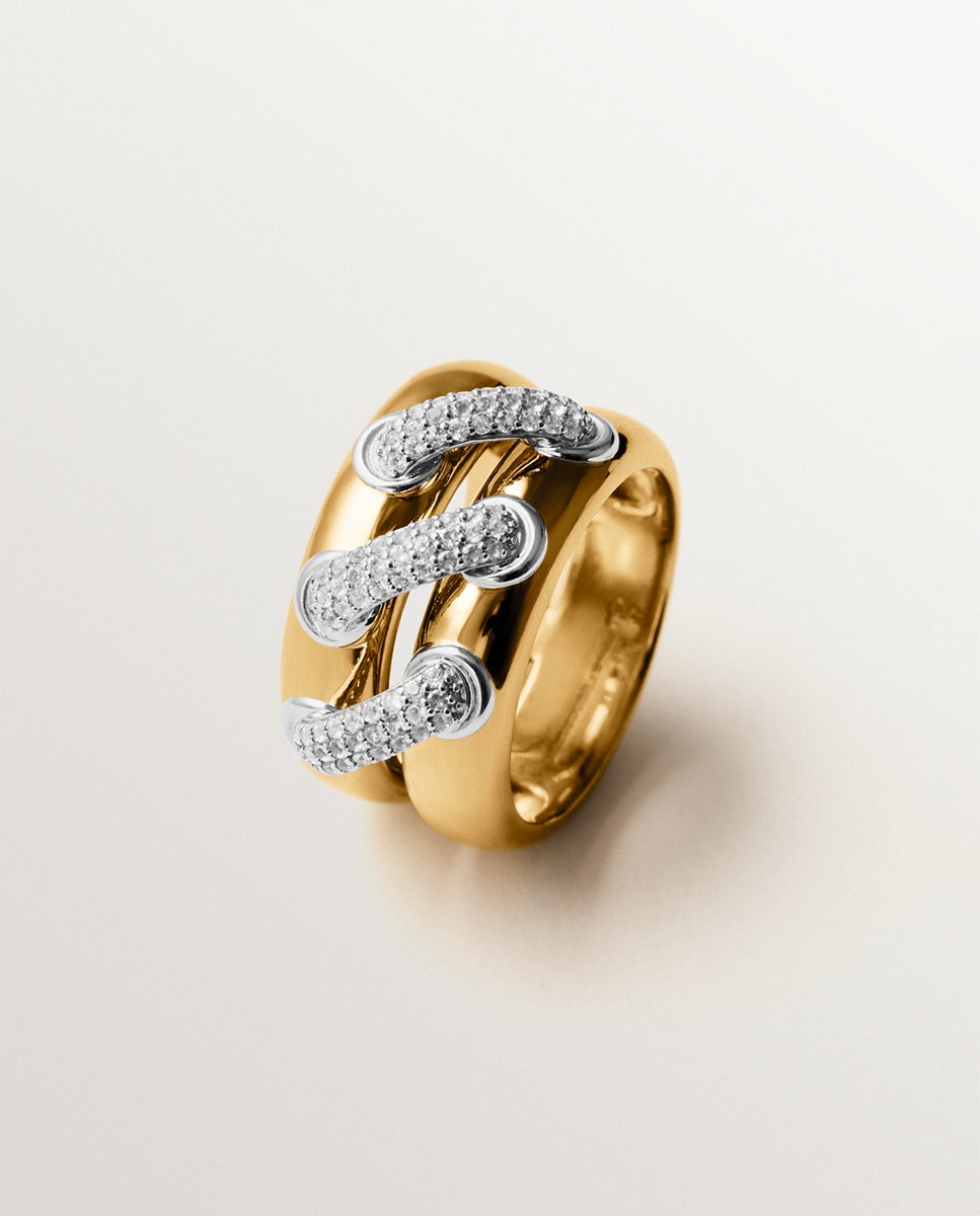 Anillo doble de plata 925 bañada en rodio y oro amarillo de 18k con pavé de topacios blancos