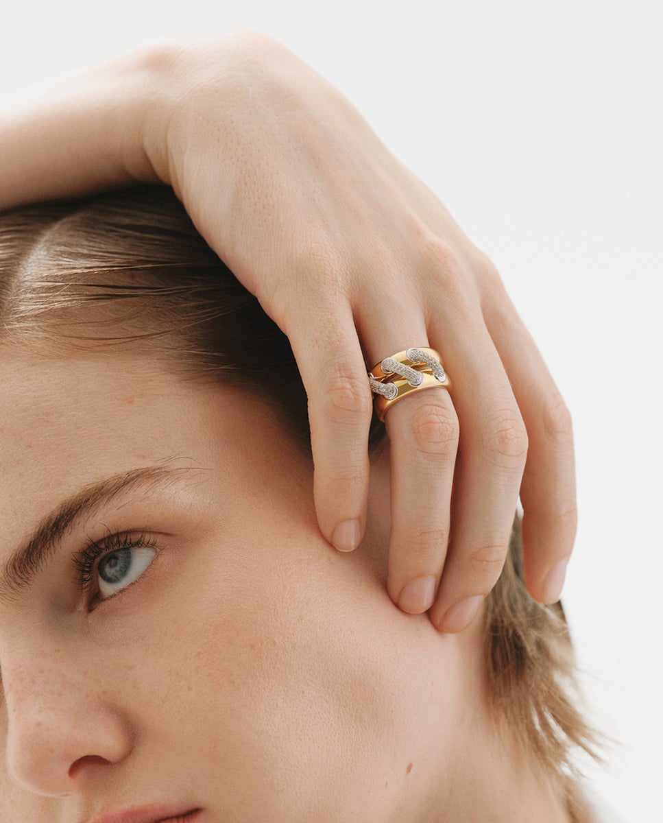 Anillo doble de plata 925 bañada en rodio y oro amarillo de 18k con pavé de topacios blancos - Aristocrazy - Blanco Blanco-2
