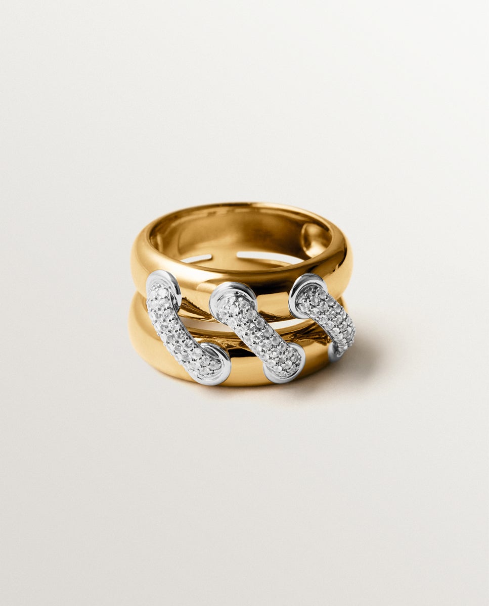 Anillo doble de plata 925 bañada en rodio y oro amarillo de 18k con pavé de topacios blancos - Aristocrazy - Blanco Blanco-3