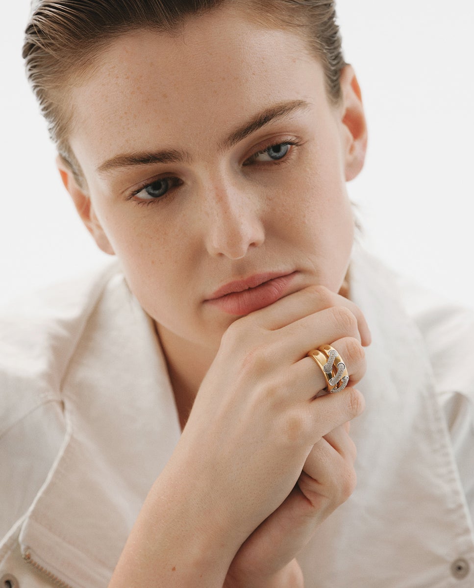 Anillo doble de plata 925 bañada en rodio y oro amarillo de 18k con pavé de topacios blancos - Aristocrazy - Blanco Blanco-4