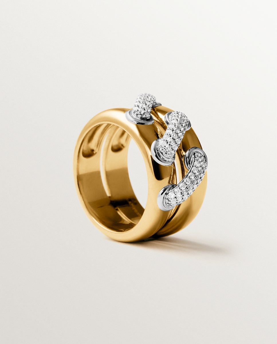 Anillo doble de plata 925 bañada en rodio y oro amarillo de 18k con pavé de topacios blancos - Aristocrazy - Blanco Blanco-5