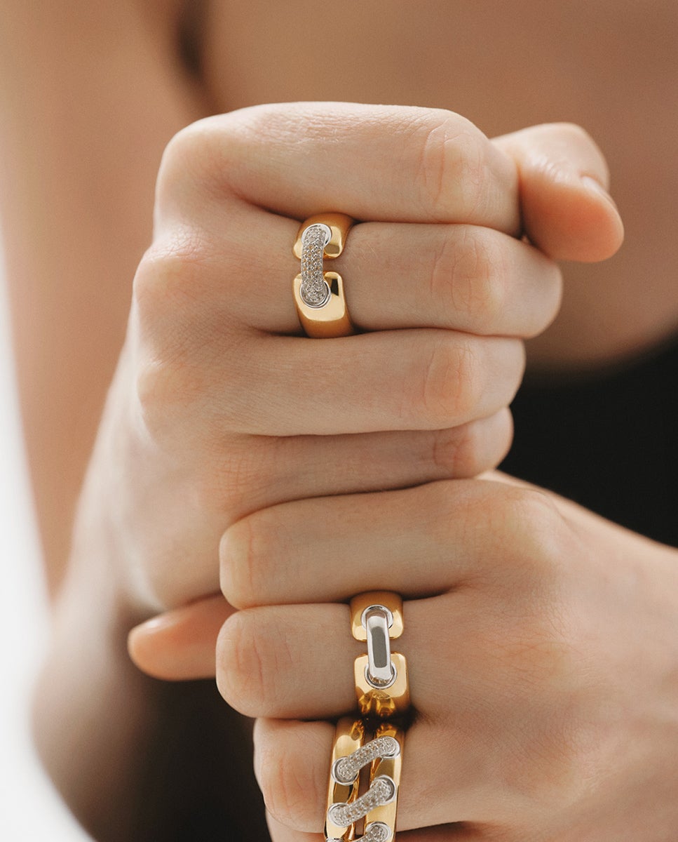 Anillo doble de plata 925 bañada en rodio y oro amarillo de 18k con pavé de topacios blancos - Aristocrazy - Blanco Blanco-6