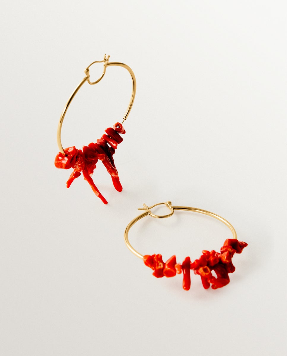 Pendientes de plata 925 bañada en oro de 18k con coral natural - Aristocrazy - Rojo Rojo-2