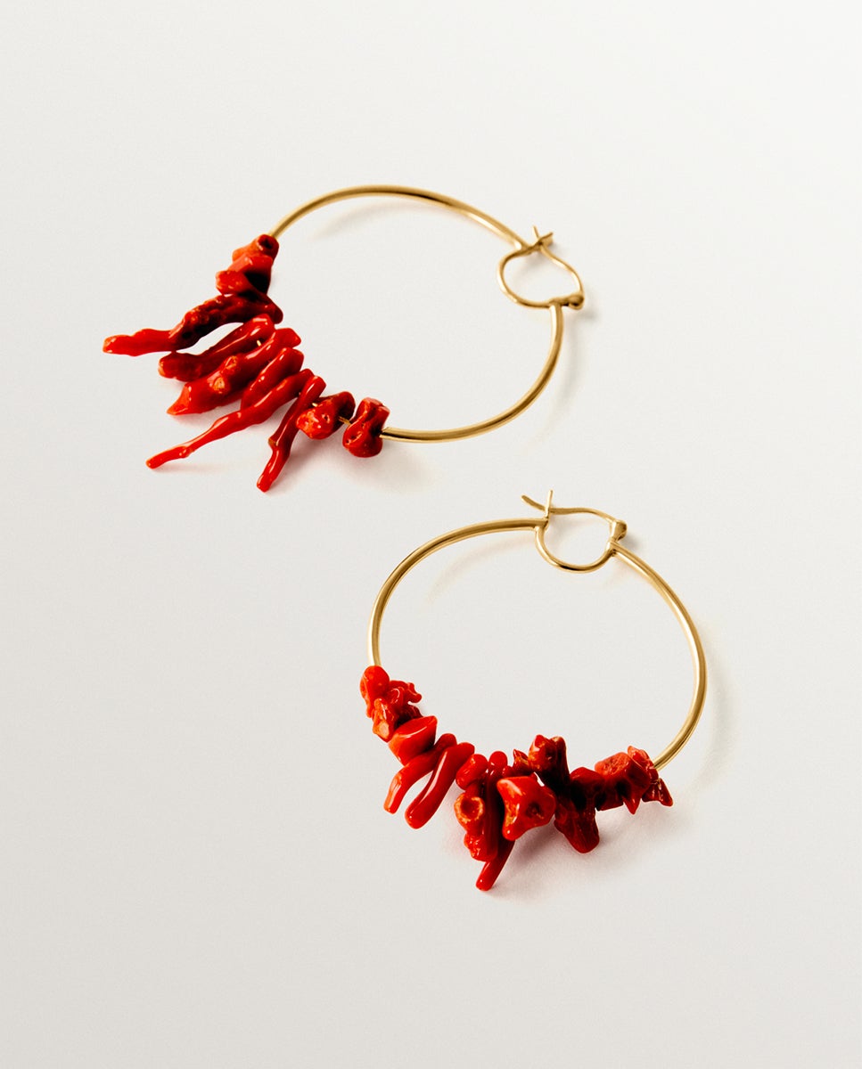 Pendientes de plata 925 bañada en oro de 18k con coral natural - Aristocrazy - Rojo Rojo-3