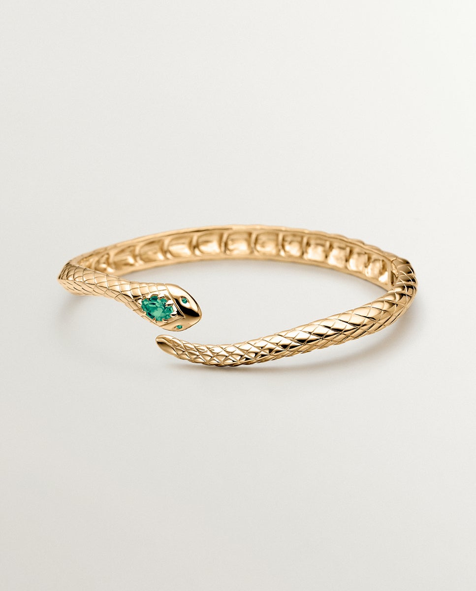 Pulsera rígida de plata 925 bañada en oro amarillo de 18k con ónix verde y con forma de serpiente - Aristocrazy - Verde Verde-1