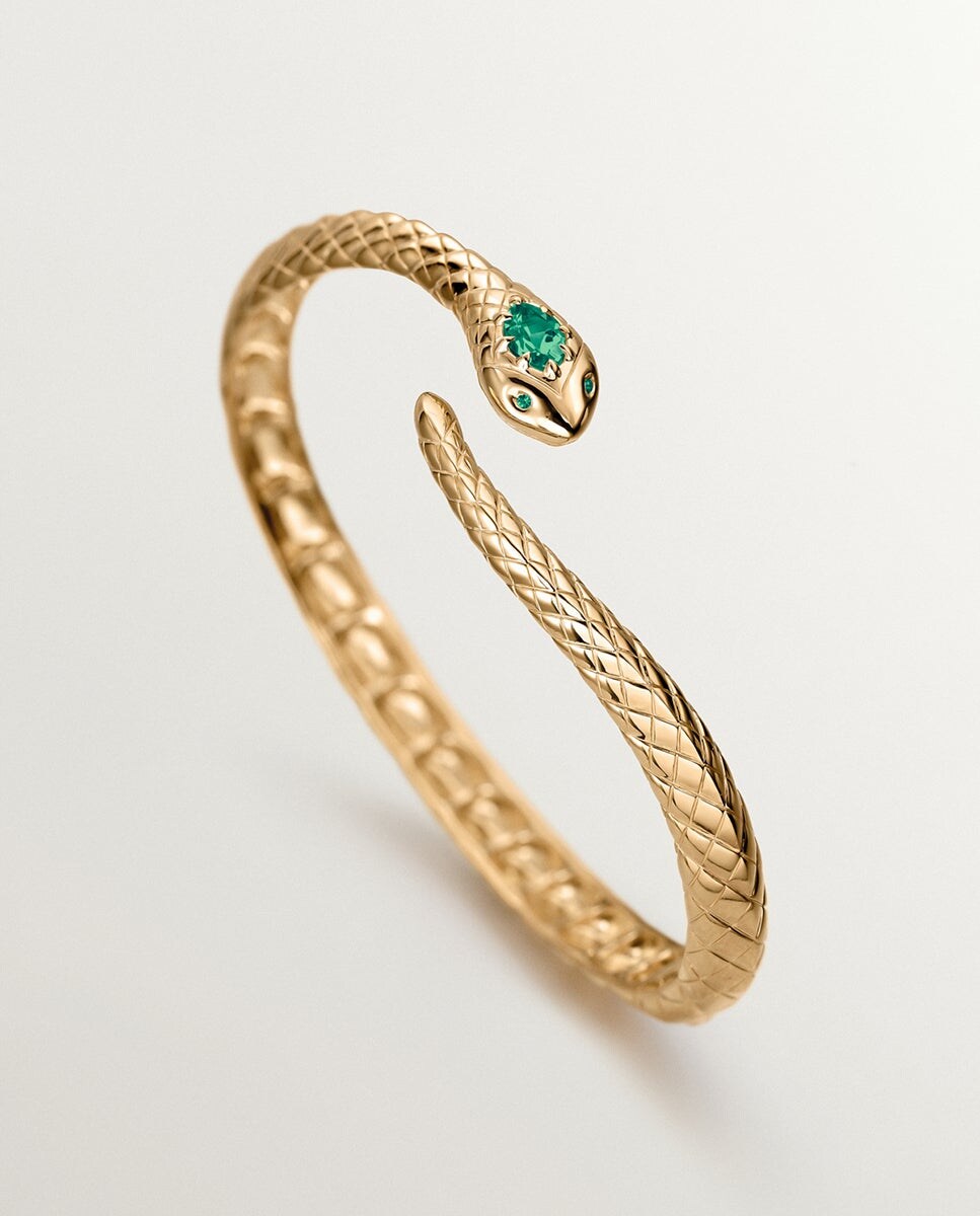 Pulsera rígida de plata 925 bañada en oro amarillo de 18K con ónix verde y  con forma de serpiente