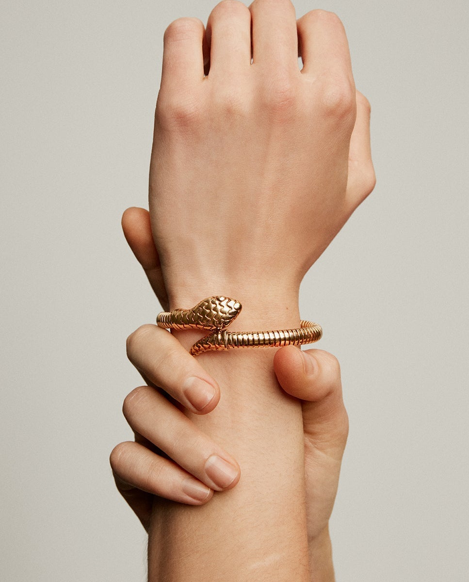 Pulsera rígida de plata 925 bañada en oro amarillo de 18k con forma de serpiente - Aristocrazy - Dorado Dorado-2
