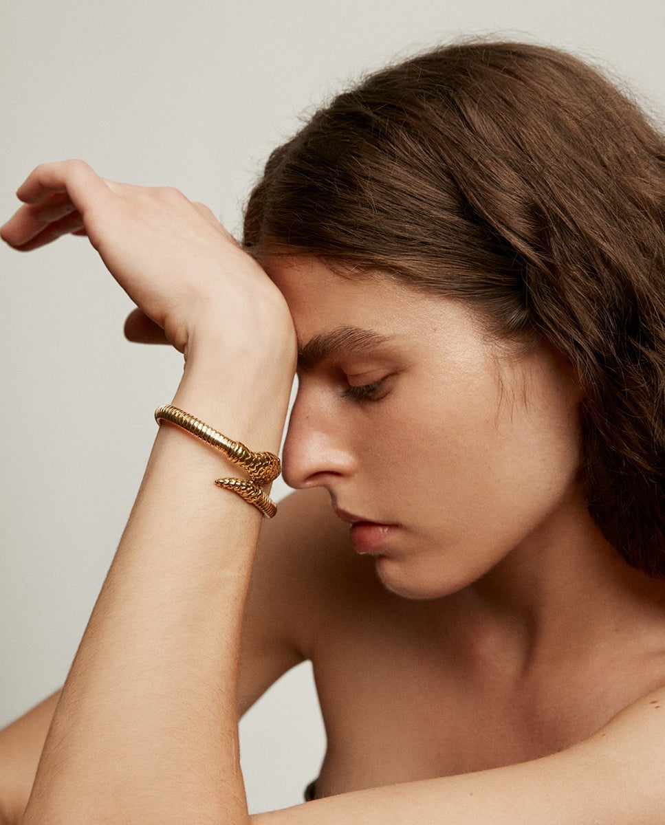 Pulsera rígida de plata 925 bañada en oro amarillo de 18k con forma de serpiente - Aristocrazy - Dorado Dorado-4