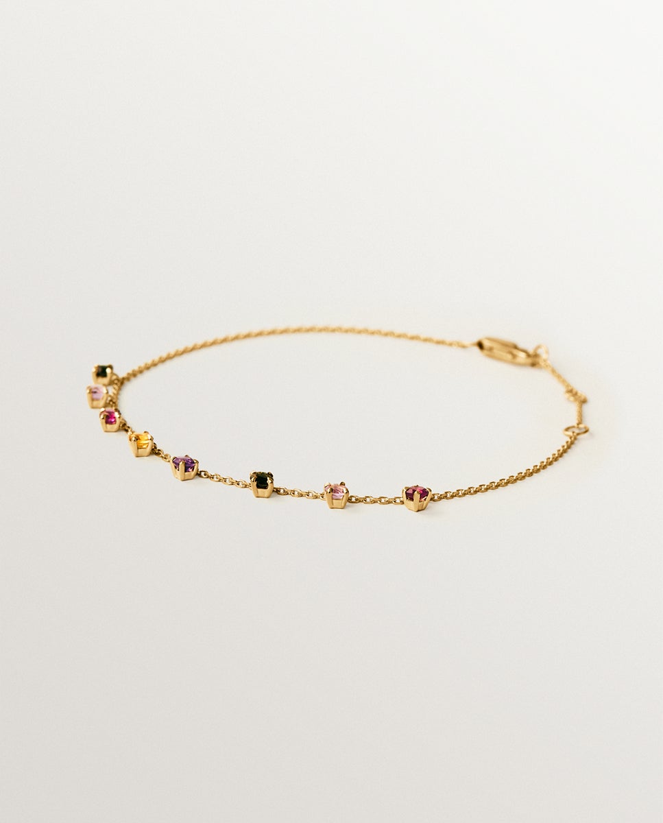 Imagen 0 de Pulsera de cadena de oro amarillo de 9k con amatistas rosas y negras, turmalinas verdes, cuarzo citrino naranja y rodolitas Multicolor