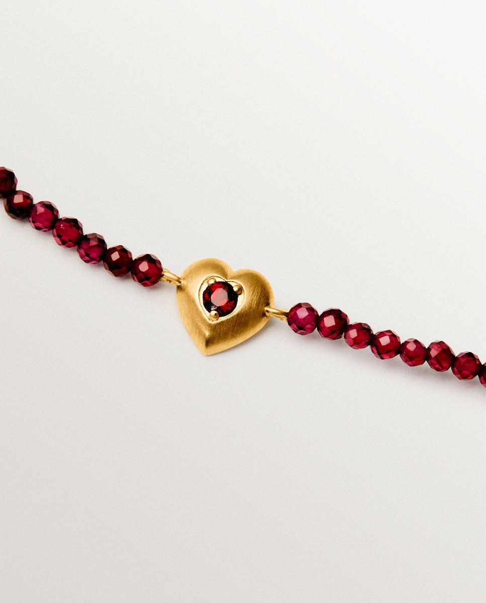Pulsera de plata bañada en oro amarillo de 18k con cuentas de granates y forma de corazón - Aristocrazy - Granate Granate-3