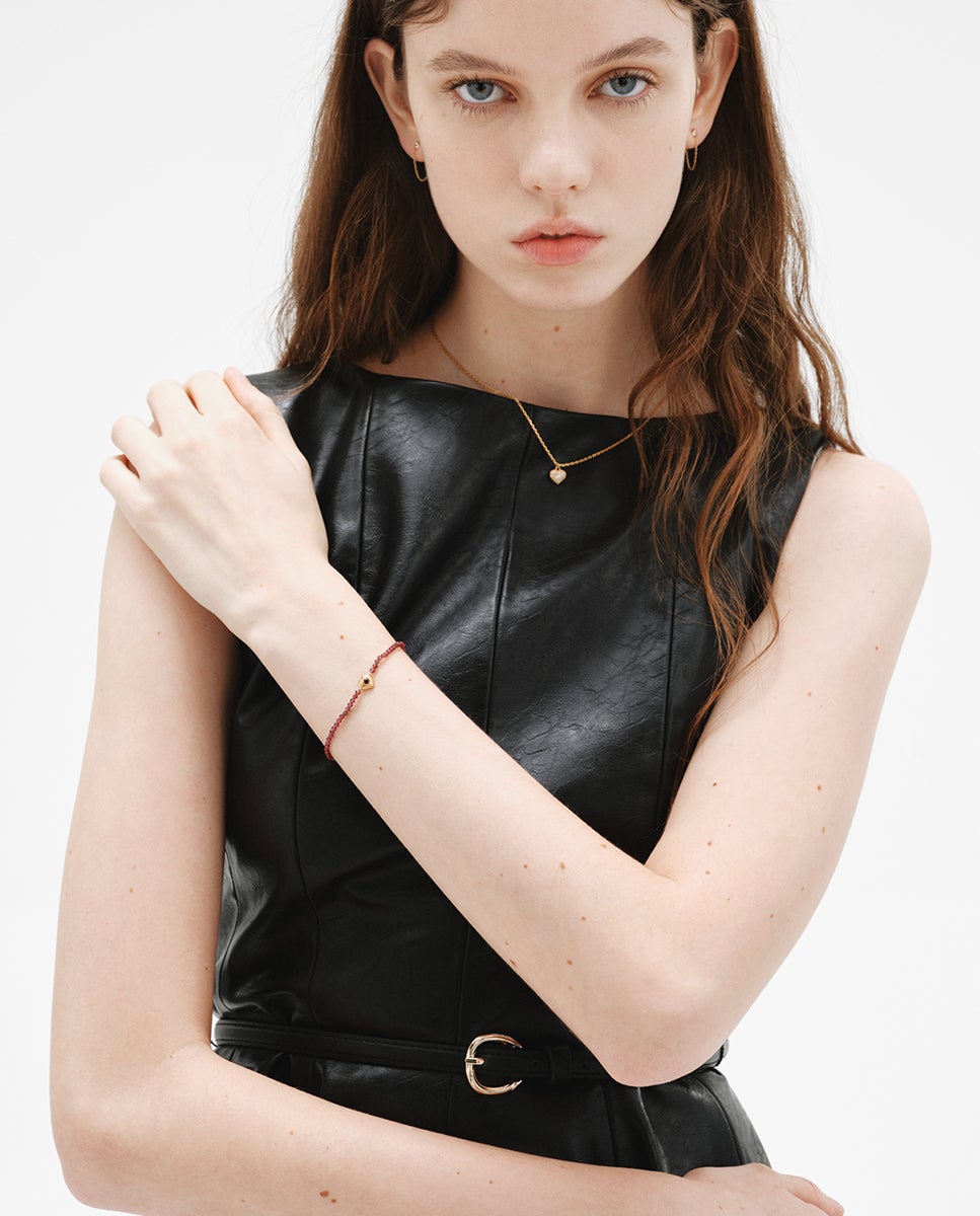 Pulsera de plata bañada en oro amarillo de 18k con cuentas de granates y forma de corazón - Aristocrazy - Granate Granate-6