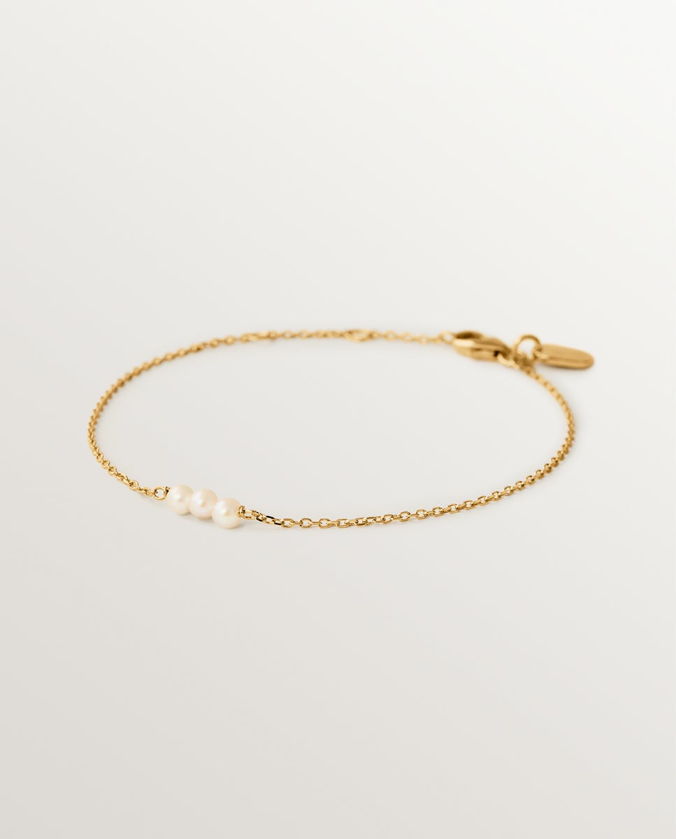 Imagen 0 de Pulsera de cadena de plata 925 bañada en oro amarillo de 18k con perlas Blanco