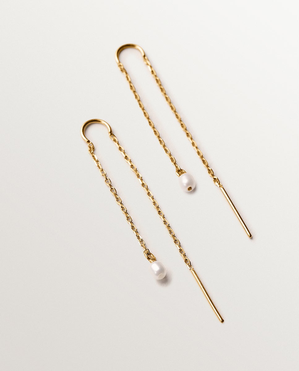 Imagen 0 de Pendientes largos de plata 925 bañada en oro amarillo de 18k con perlas Blanco