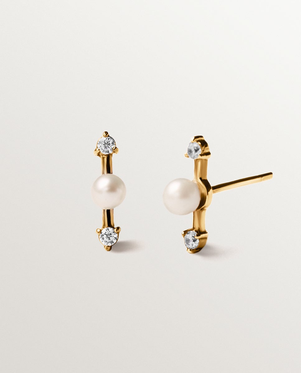 Pendientes de plata 925 bañada en oro amarillo de 18k con perlas y topacios blancos - Aristocrazy - Blanco Blanco-1