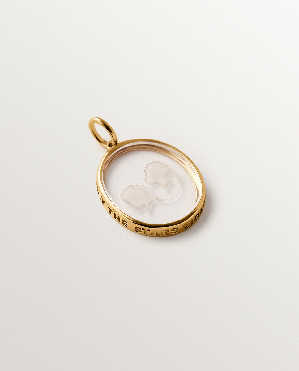 Charm géminis de plata 925 bañada en oro amarillo de 18k y cristal de roca