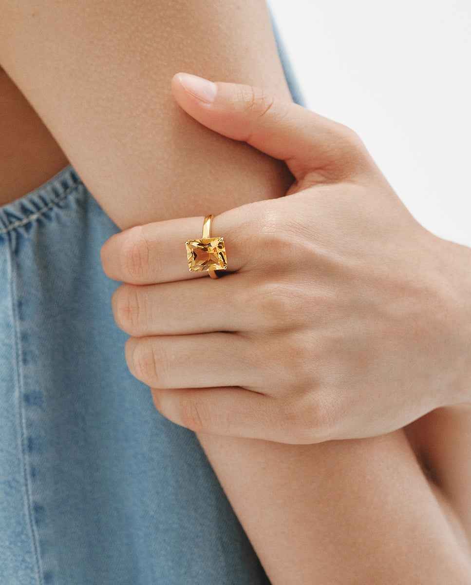 Anillo de plata 925 bañada en oro amarillo de 18k con citrino naranja - Aristocrazy - Dorado Dorado-2