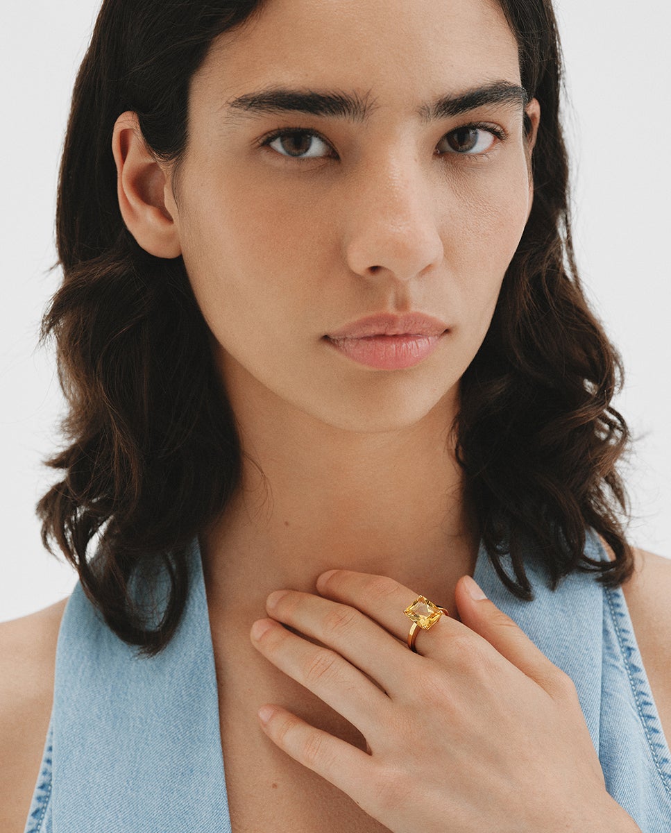 Anillo de plata 925 bañada en oro amarillo de 18k con citrino naranja - Aristocrazy - Dorado Dorado-4