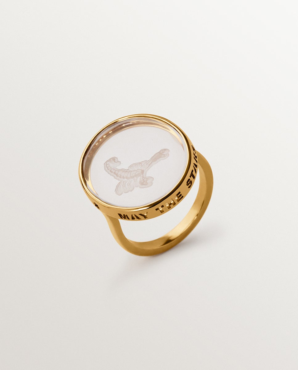 Anillo tipo sello cáncer de plata 925 bañada en oro amarillo de 18k y cristal de roca