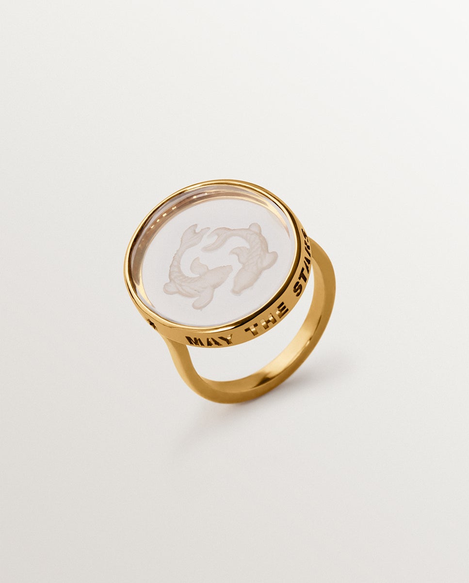Anillo tipo sello piscis de plata 925 bañada en oro amarillo de 18k y de roca - Aristocrazy - Cristal Cristal-1
