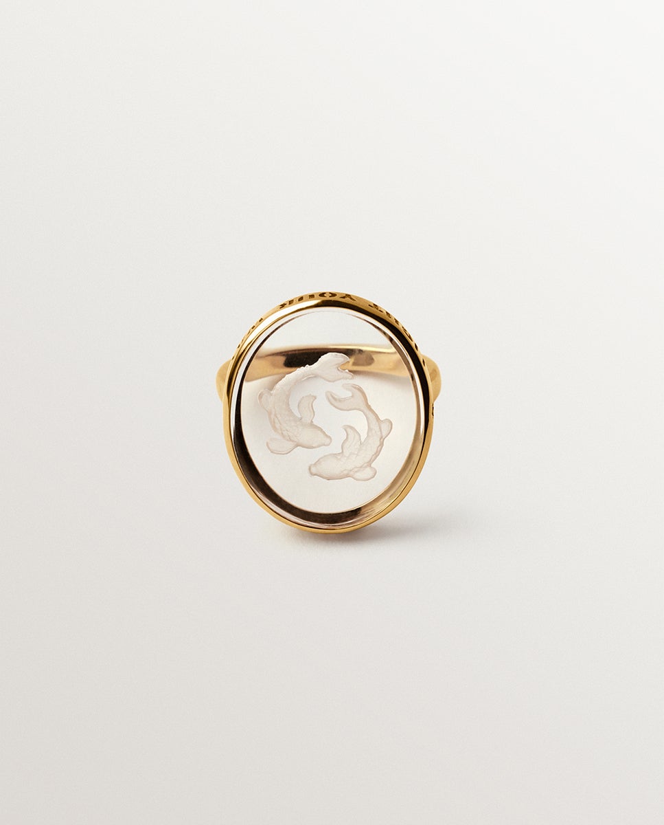 Anillo tipo sello piscis de plata 925 bañada en oro amarillo de 18k y de roca - Aristocrazy - Cristal Cristal-3