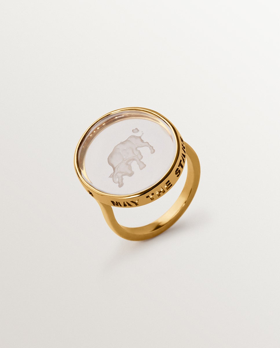 Anillo tipo sello tauro de plata 925 bañada en oro amarillo de 18k y de roca - Aristocrazy - Cristal Cristal-1