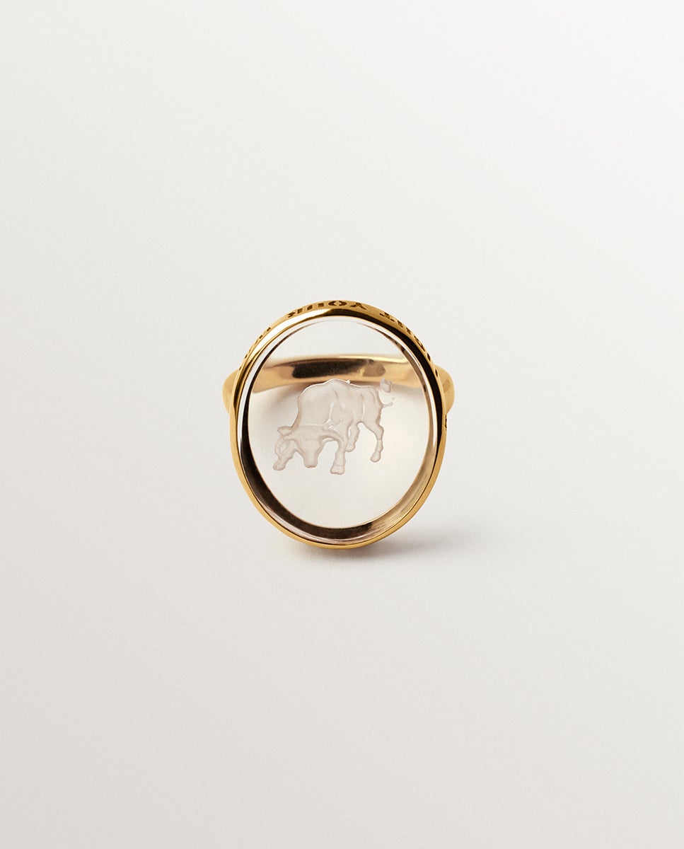 Anillo tipo sello tauro de plata 925 bañada en oro amarillo de 18k y de roca - Aristocrazy - Cristal Cristal-3