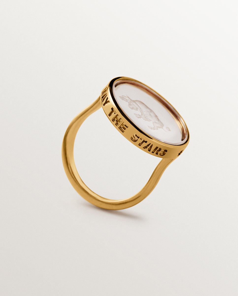 Anillo tipo sello tauro de plata 925 bañada en oro amarillo de 18k y de roca - Aristocrazy - Cristal Cristal-5