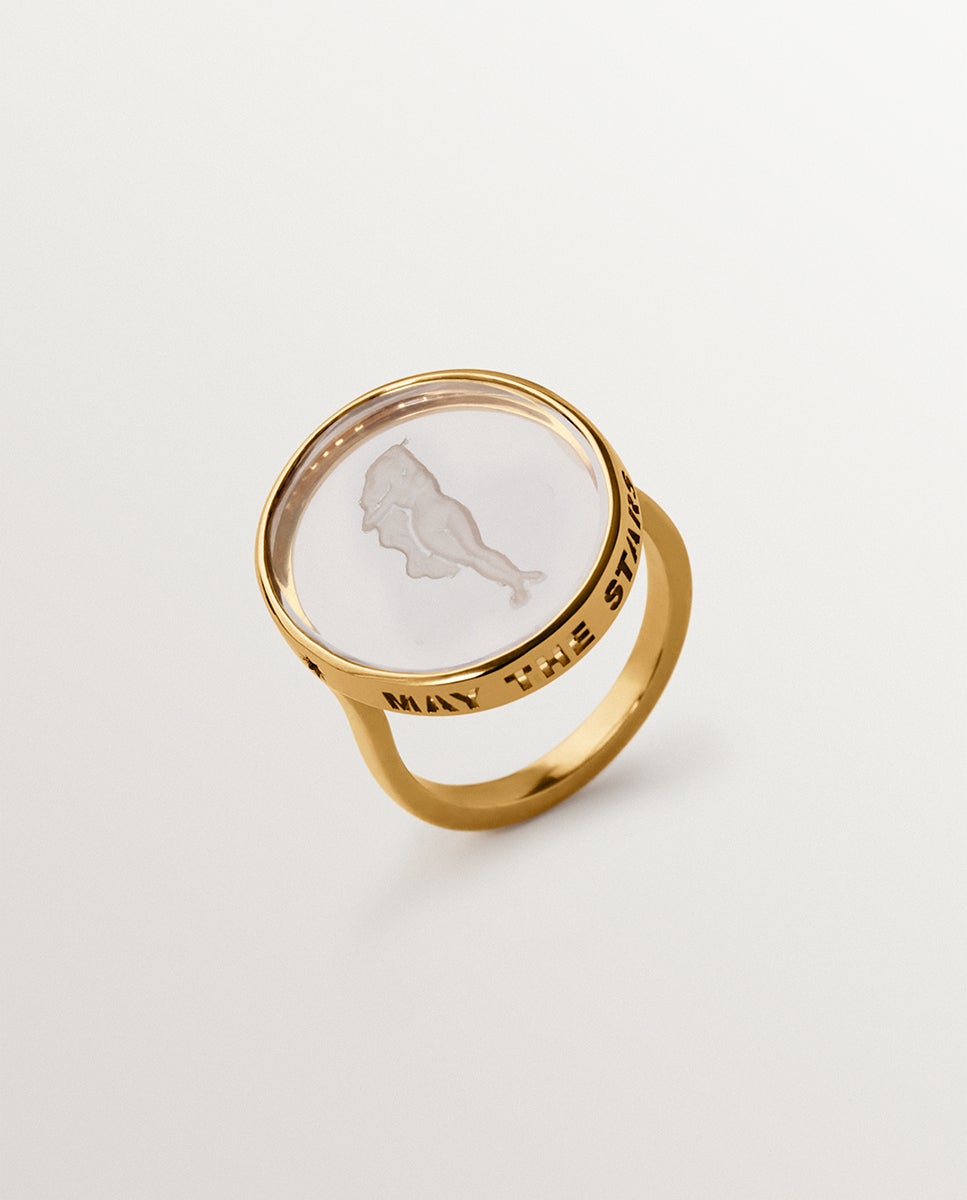 Anillo tipo sello virgo de plata 925 bañada en oro amarillo de 18k y cristal de roca - Aristocrazy - Cristal Cristal-1