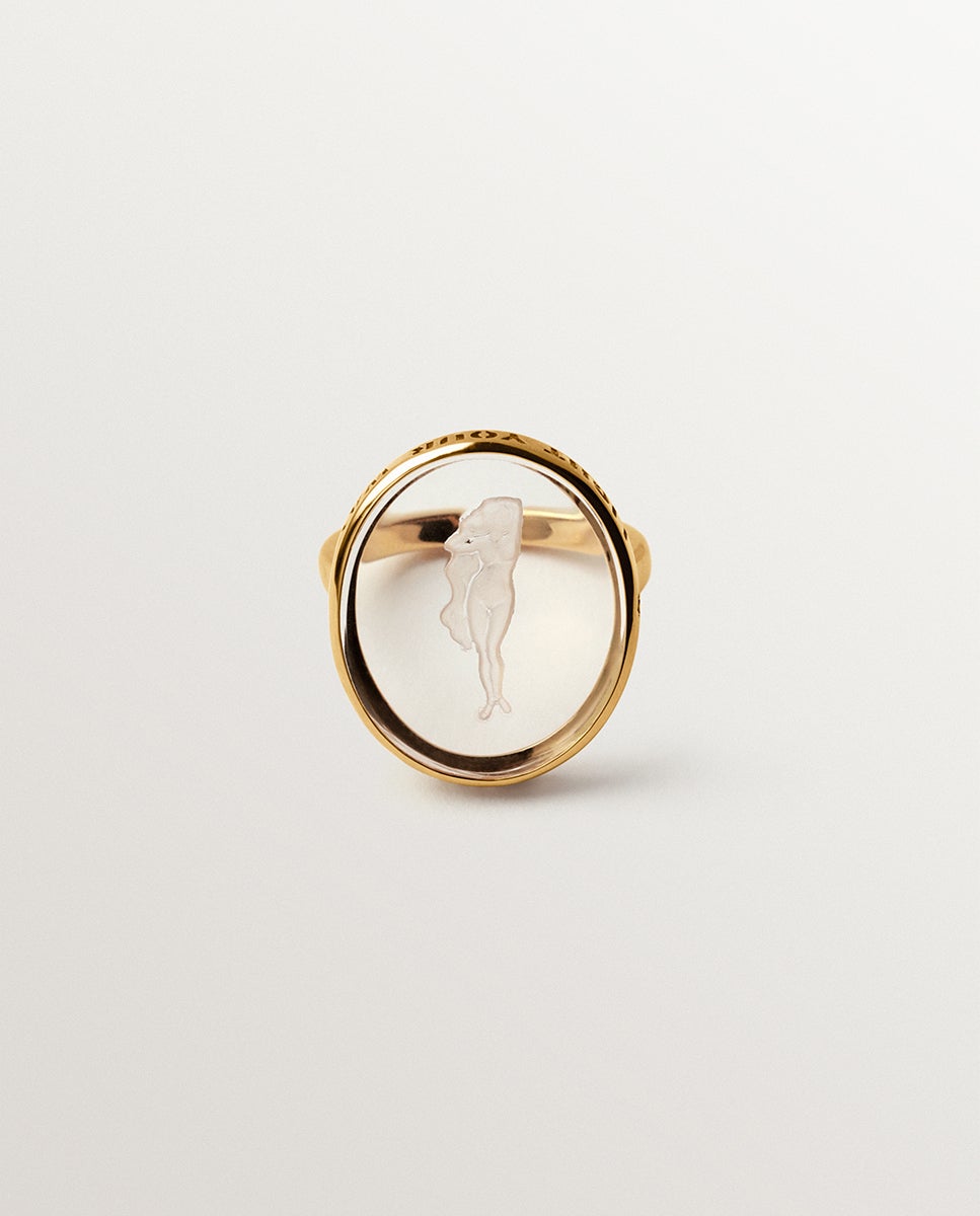 Anillo tipo sello virgo de plata 925 bañada en oro amarillo de 18k y cristal de roca - Aristocrazy - Cristal Cristal-3
