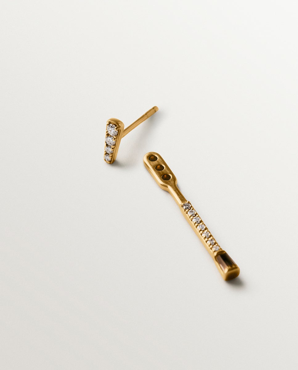 Pendiente individual de oro amarillo de 9k con diamantes y cuarzo fumé - Aristocrazy - Blanco Blanco-3