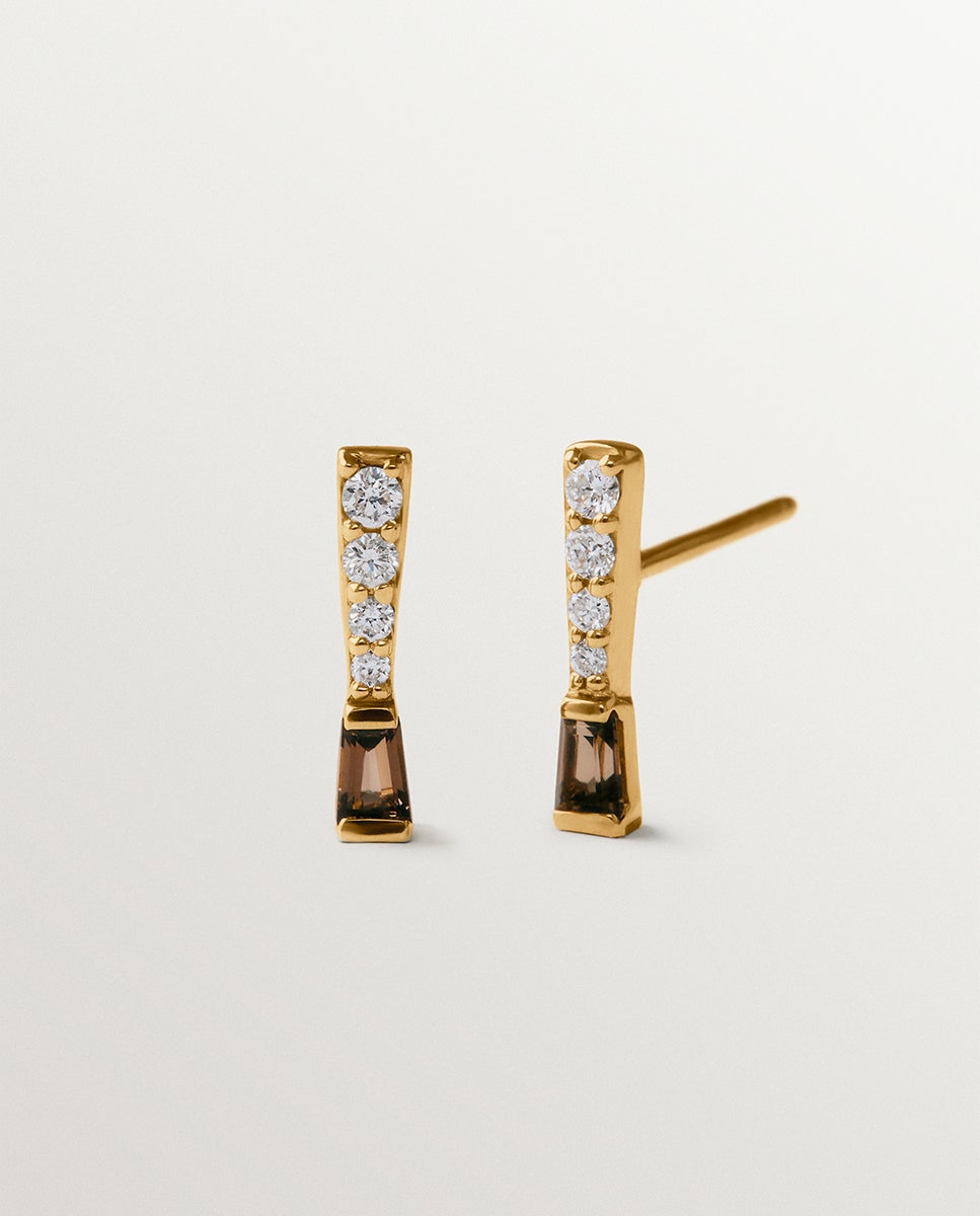 Pendientes de oro amarillo de 9k con diamantes y cuarzo fumé - Aristocrazy - Marrón Marrón-1