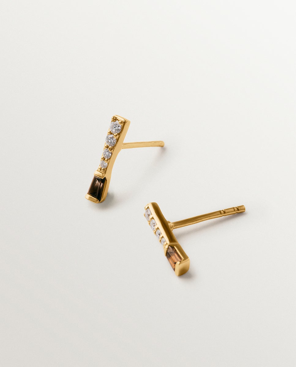 Pendientes de oro amarillo de 9k con diamantes y cuarzo fumé - Aristocrazy - Marrón Marrón-2