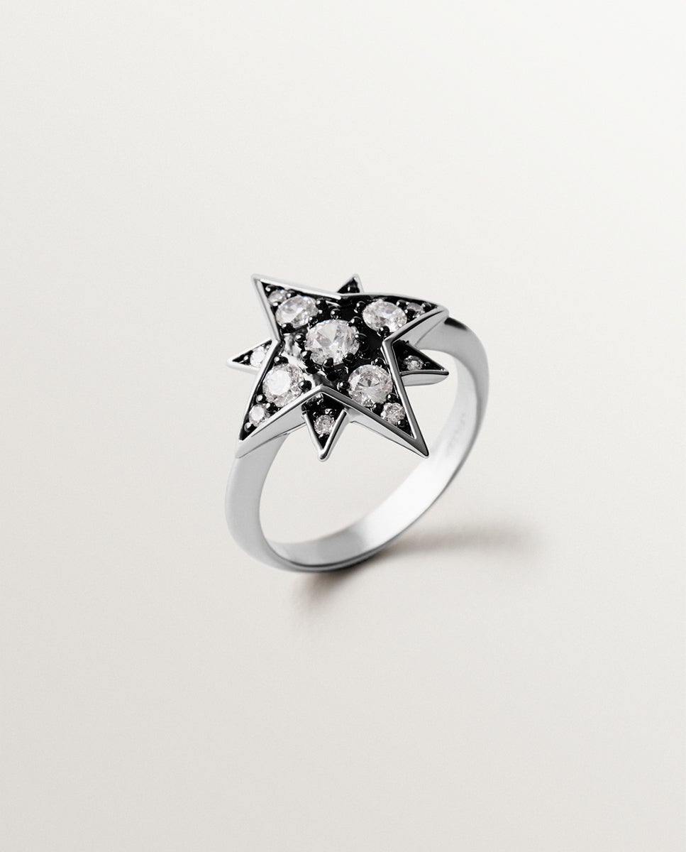 Imagen 1 de Anillo bicolor con cristales en forma de estrella Plata
