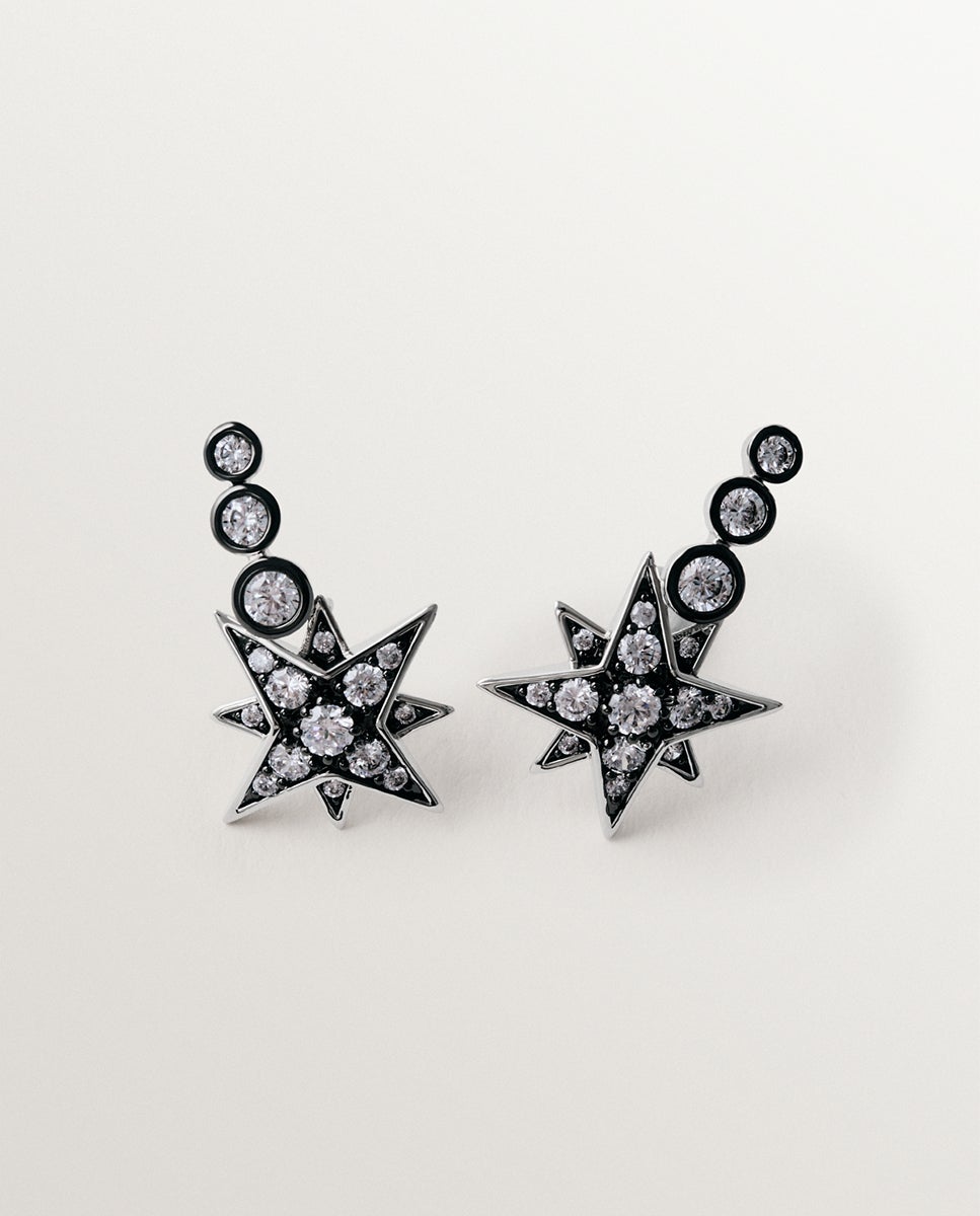 Imagen 1 de Pendientes trepadores bicolor con cristales en forma de estrella Plata