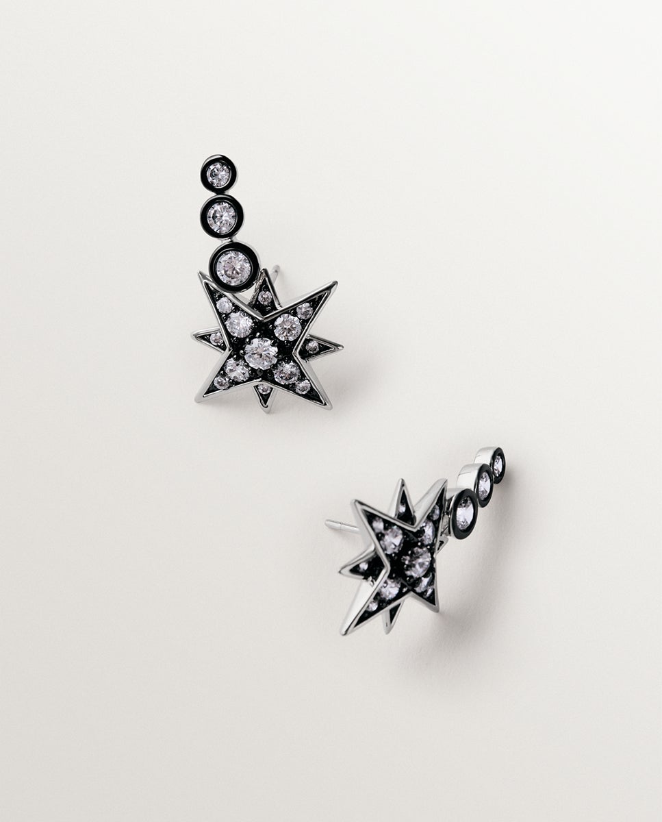 Imagen 3 de Pendientes trepadores bicolor con cristales en forma de estrella - Aristocrazy - Plata Plata