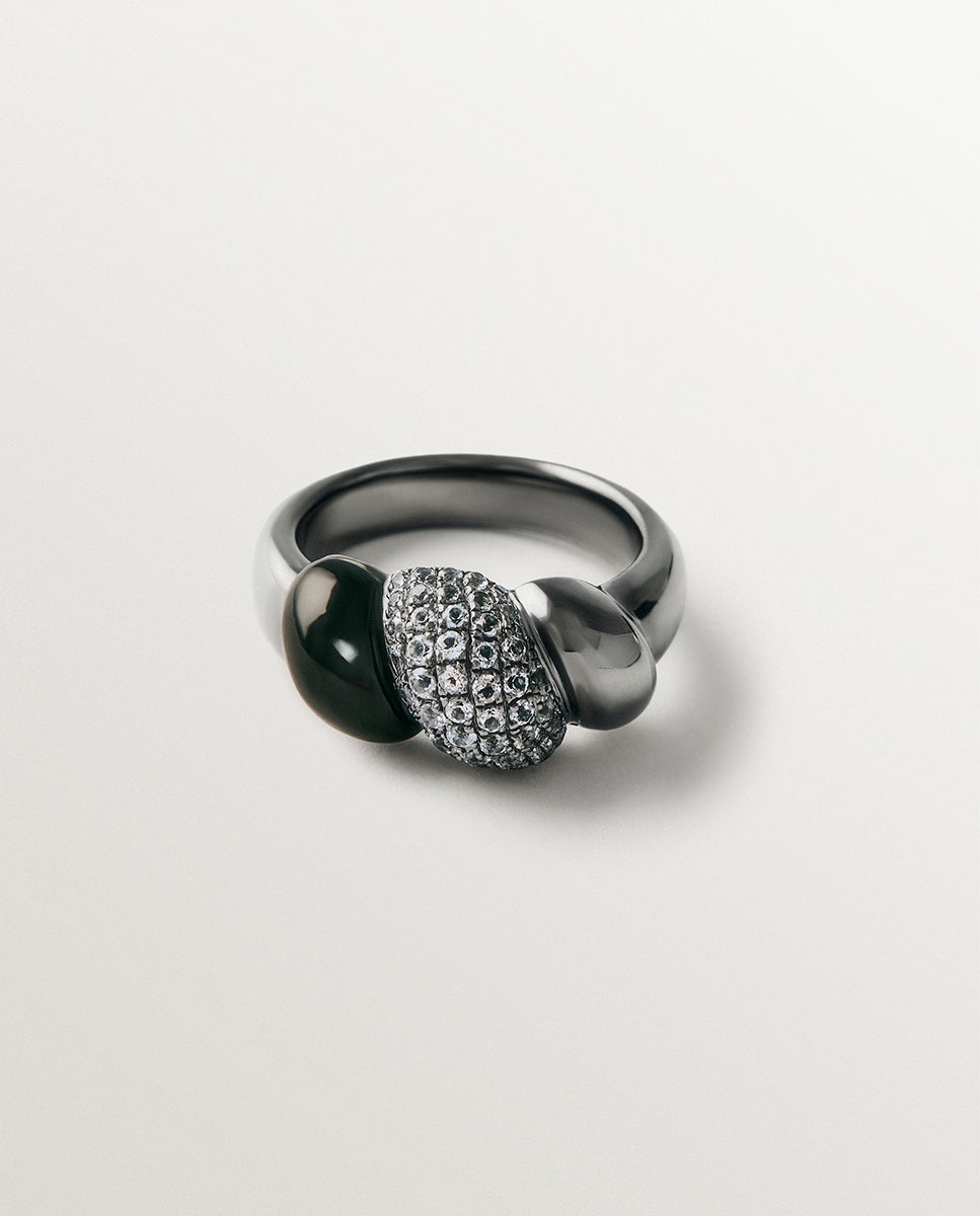 Anillo de plata 925 con acabado gun metal, topacios blancos y ónix negro - Aristocrazy - Blanco Blanco-3