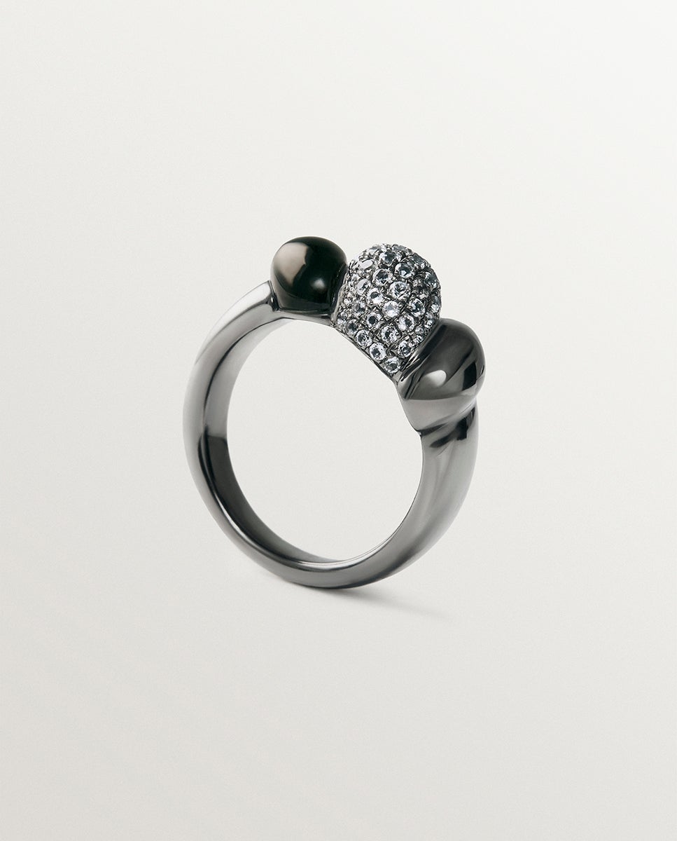 Anillo de plata 925 con acabado gun metal, topacios blancos y ónix negro - Aristocrazy - Blanco Blanco-5