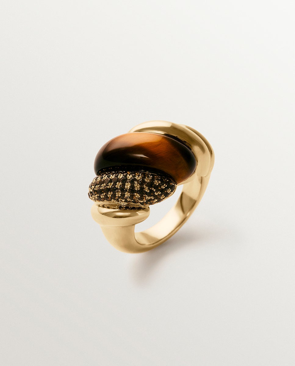 Imagen 0 de Anillo de plata 925 con baño de oro amarillo de 18k, cuarzos fumé y ojo de tigre Marrón claro