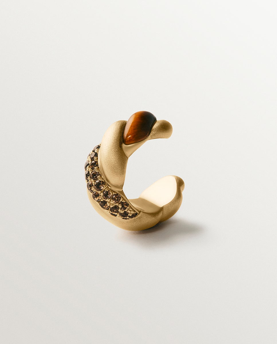 Pendiente earcuff individual de plata 925 con baño de oro amarillo de 18k, cuarzos fumé y ojo de tigre - Aristocrazy - Marrón claro Marrón claro-1
