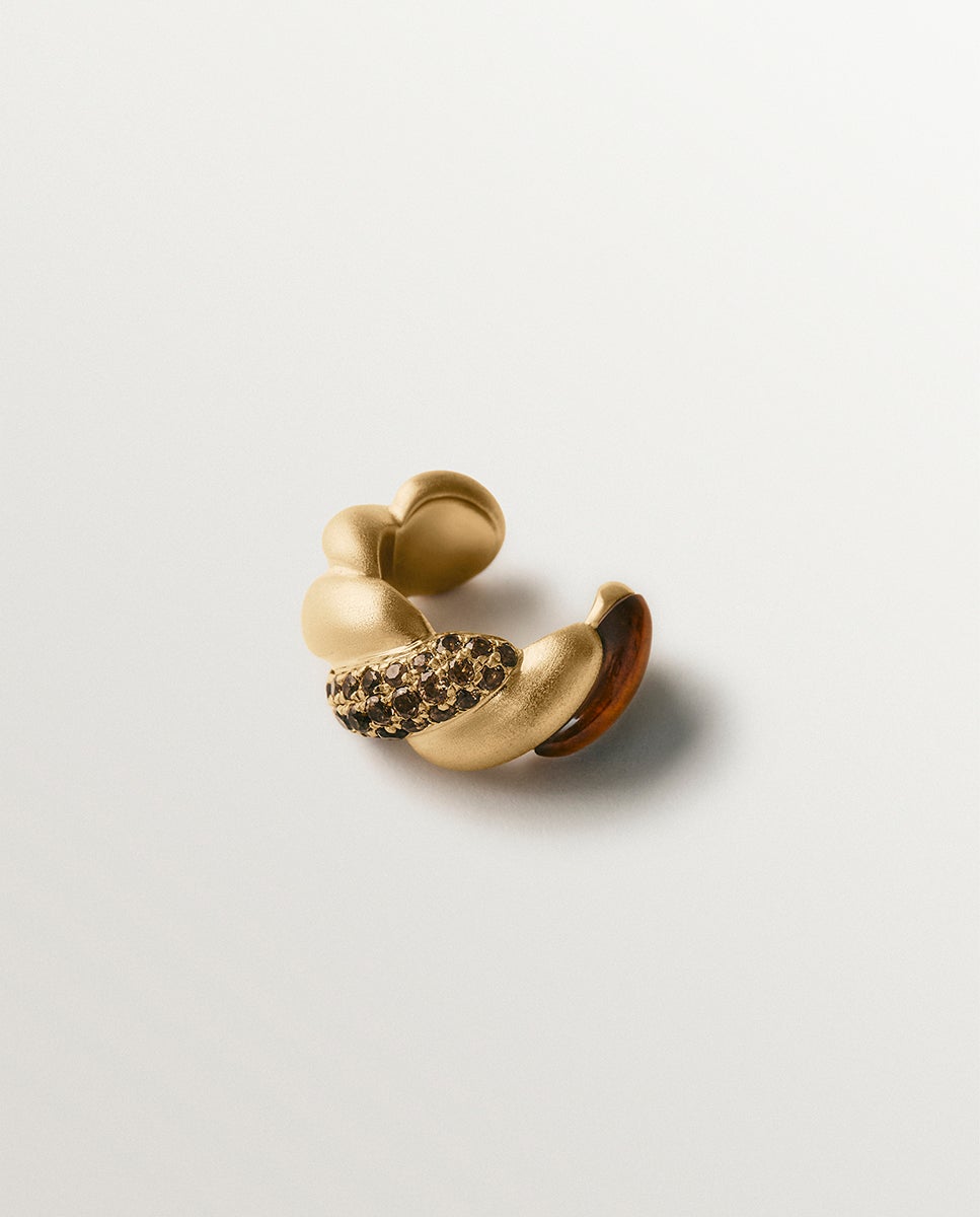 Pendiente earcuff individual de plata 925 con baño de oro amarillo de 18k, cuarzos fumé y ojo de tigre - Aristocrazy - Marrón claro Marrón claro-3