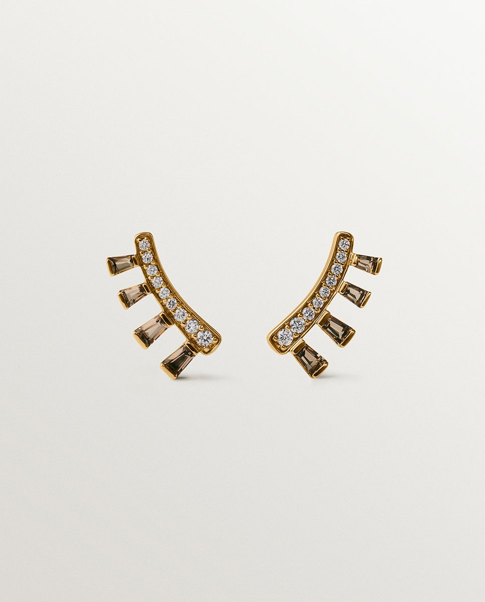 Pendientes de oro amarillo de 9k con diamantes y cuarzos fumé - Aristocrazy - Marrón Marrón-1