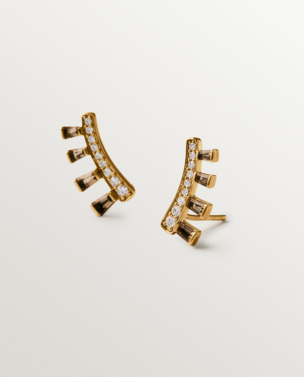 Pendientes de oro amarillo de 9k con diamantes y cuarzos fumé - Aristocrazy - Marrón Marrón-2