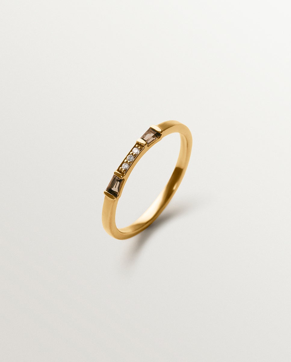 Anillo de oro amarillo de 9k con diamantes, cuarzo fumé, amatista negra y turmalina verde - Aristocrazy - Marrón Marrón-1