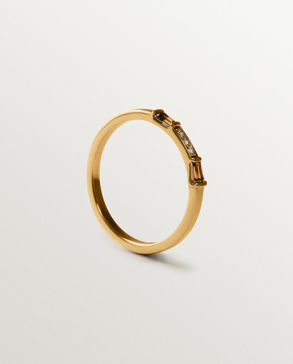 Anillo de oro amarillo de 9k con diamantes, cuarzo fumé, amatista negra y turmalina verde - Aristocrazy - Marrón Marrón-3