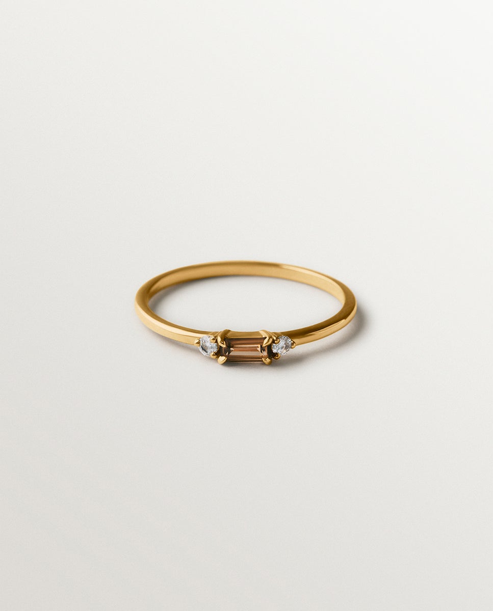 Anillo de oro amarillo de 9k con cuarzo fumé, diamantes, amatista negra y turmalina verde - Aristocrazy - Marrón Marrón-2