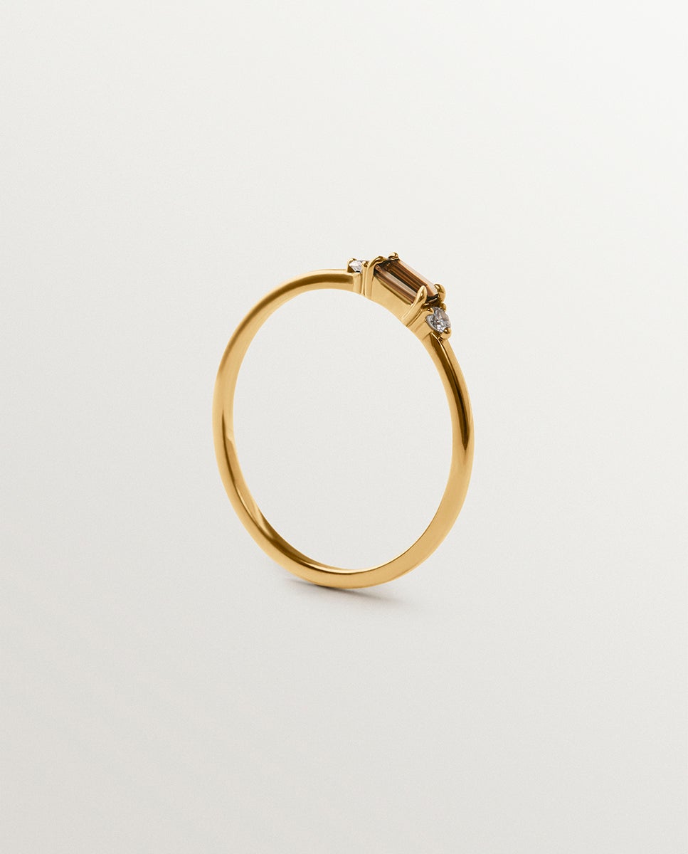 Anillo de oro amarillo de 9k con cuarzo fumé, diamantes, amatista negra y turmalina verde - Aristocrazy - Marrón Marrón-3