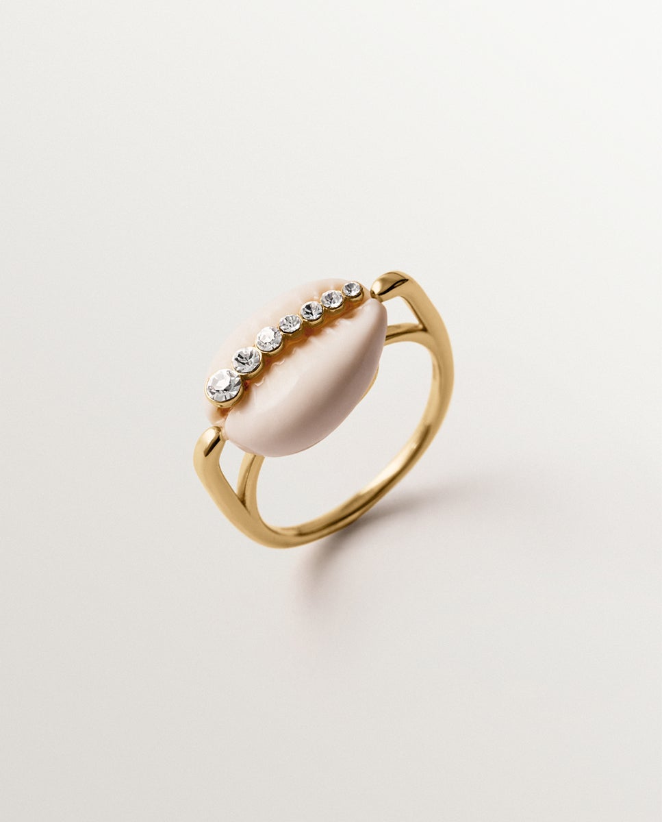 Imagen 0 de Anillo de plata 925 bañada en oro amarillo de 18K con concha blanca y cristales Cristal