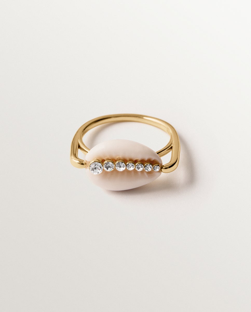 Anillo de plata 925 bañada en oro amarillo de 18K con concha blanca y cristales - Aristocrazy - Cristal Cristal-3