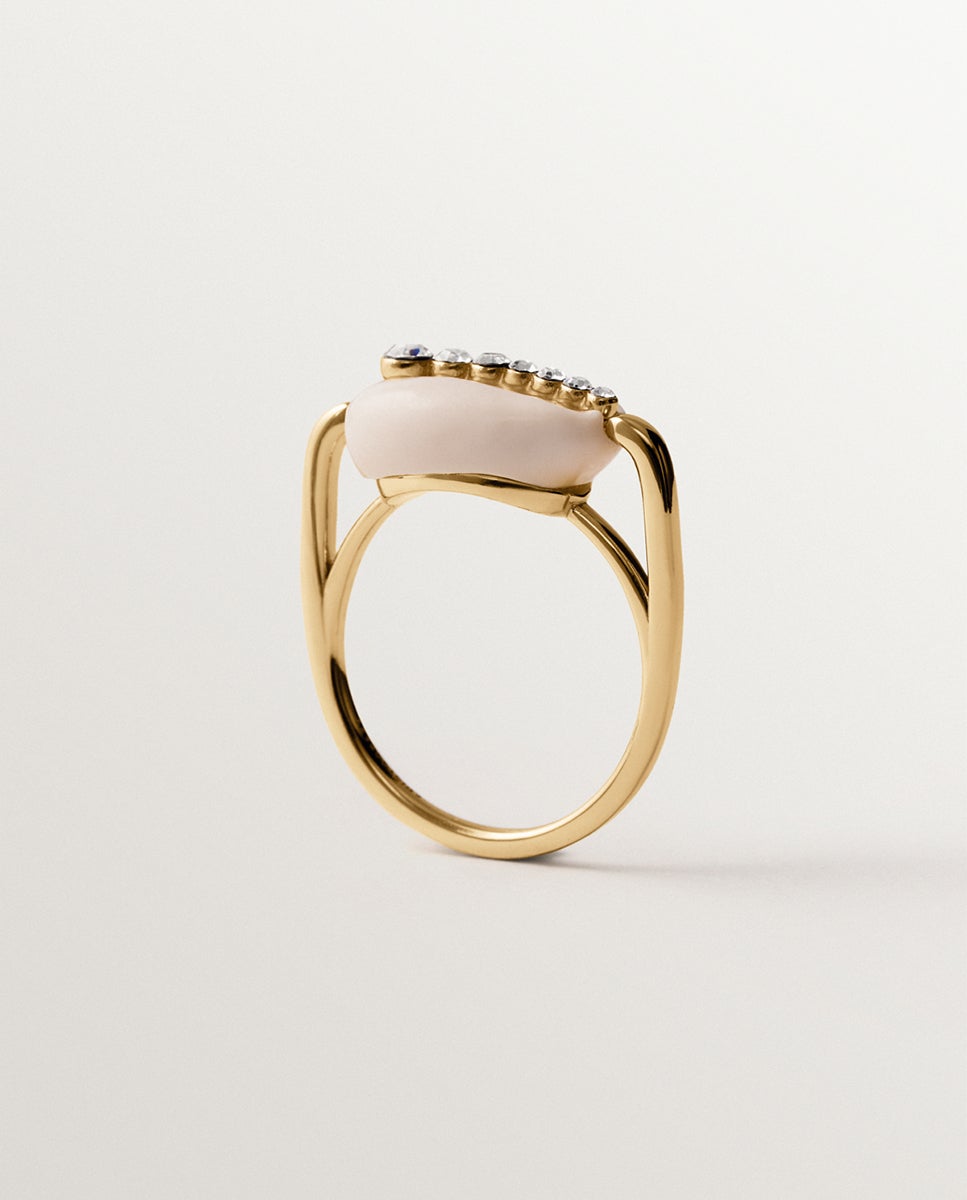 Anillo de plata 925 bañada en oro amarillo de 18K con concha blanca y cristales - Aristocrazy - Cristal Cristal-5