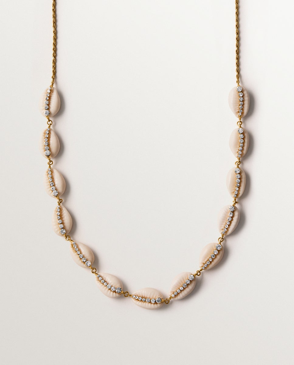 Collar de plata 925 bañada en oro amarillo de 18k con conchas marrones y cristales - Aristocrazy - Cristal Cristal-2